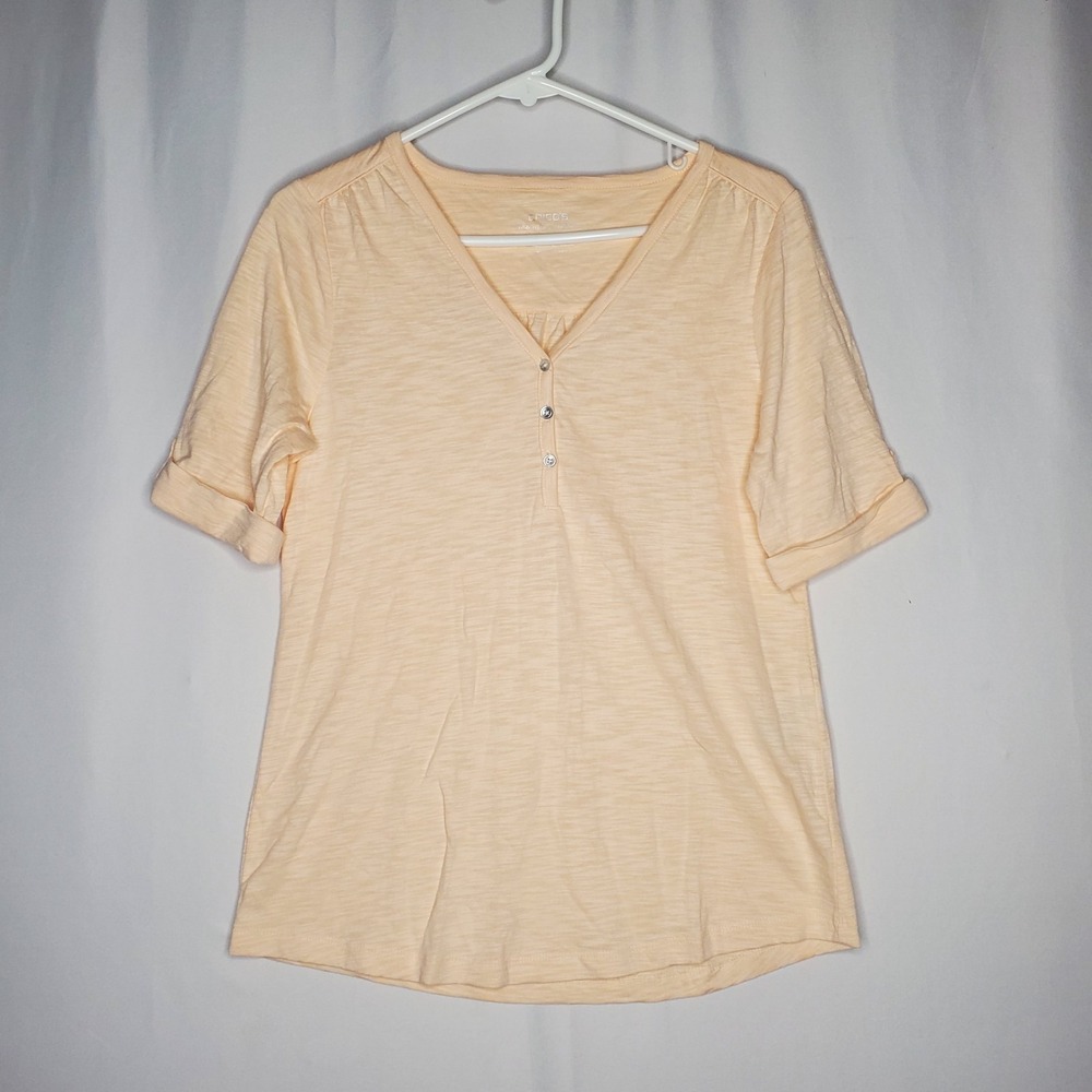 Chicos Ultimate Tee Womens Small Peach Button V-Neck Cuff Stretch Cotton Modal